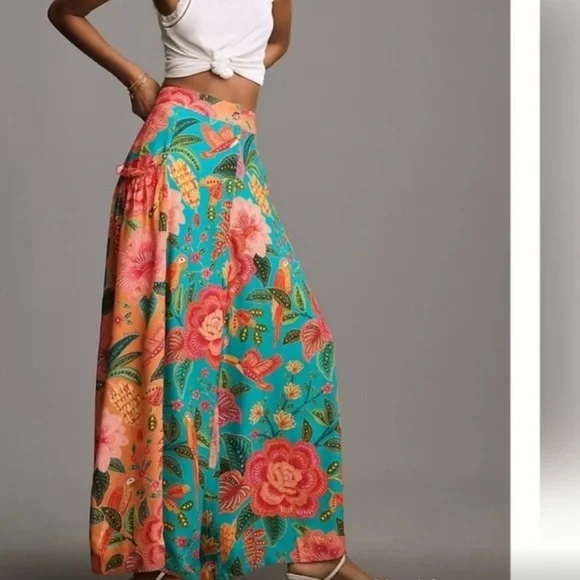 FARM Rio Tropical Floral Wide-Leg Pants - Teal and Orange - Picture 2 of 10